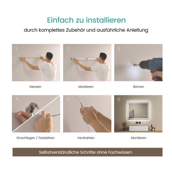 EMKE Badspiegel mit LED-Beleuchtung 60 x 50 cm, Kaltweiß 6500K, Touchschalter & Beschlagfrei, dimmbar, IP44, für Bad