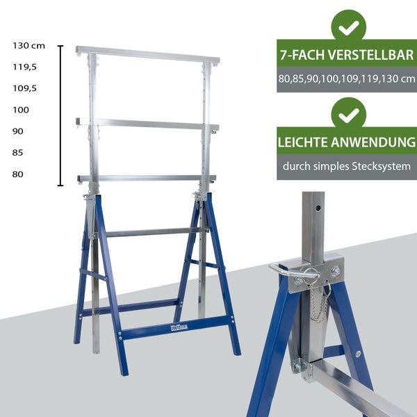 Trutzholm Logo. Arbeitsbock aus Metall, 7-fach höhenverstellbar von 80 bis 130 Zentimeter, einfaches Stecksystem.
