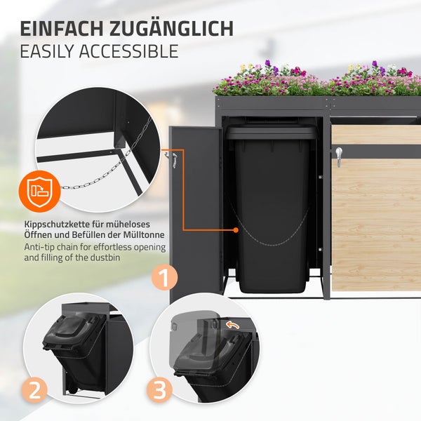 Mülltonnenbox aus Metall mit Pflanzdach, zeigt die Funktion der Kippschutzkette zum einfachen Befüllen der Mülltonne.