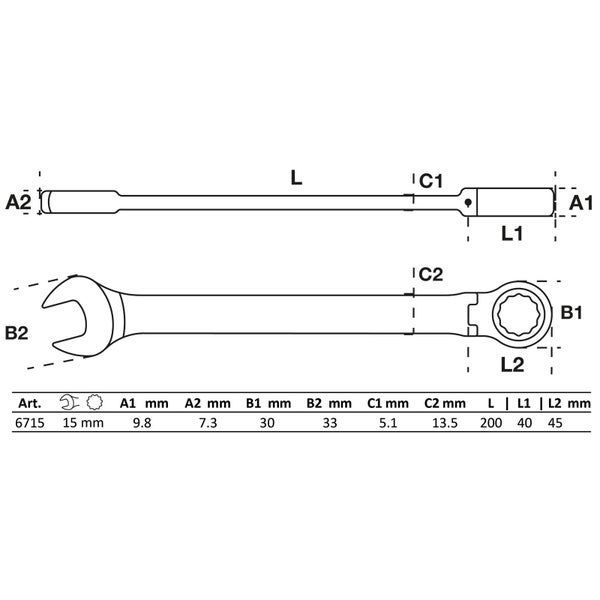 Technische Zeichnung eines 15 mm Ringschlüssels