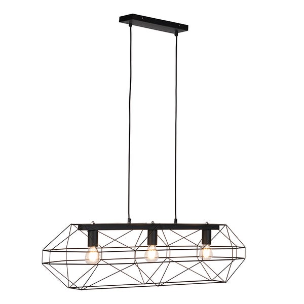 Schwarze Pendelleuchte mit geometrischem Lampenschirm und drei Glühbirnen