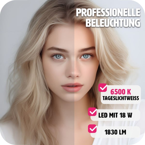 Vergleich der Gesichtsausleuchtung mit professioneller Beleuchtung, 6500 Kelvin Tageslichtweiß, 18 Watt LED und 1830 Lumen.