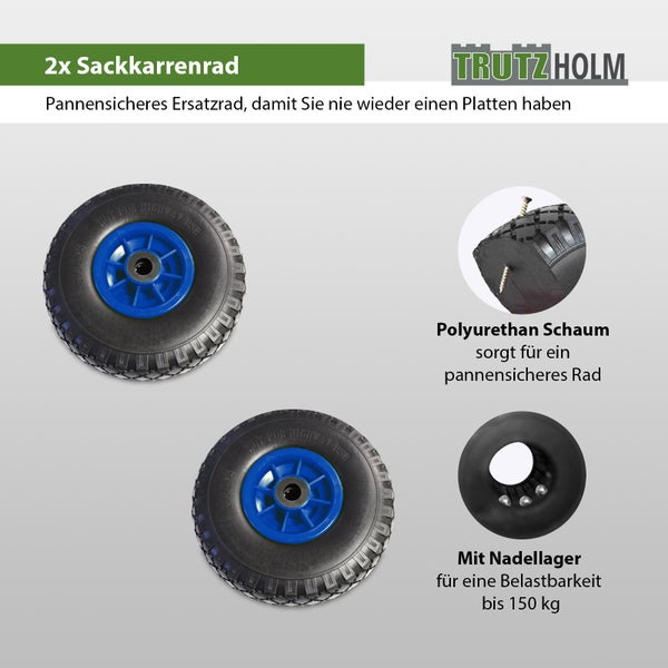 Set aus zwei pannensicheren Sackkarrenrädern mit Polyurethan Schaumfüllung und Nadellager bis 150 Kilogramm Belastbarkeit von Trutzholm Logo