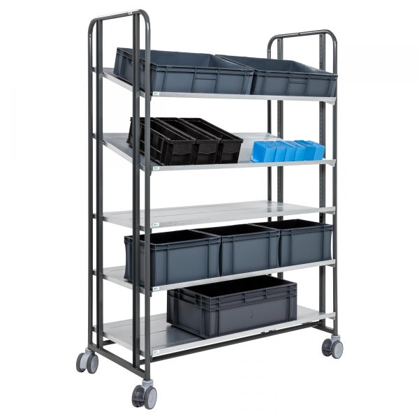 Rollregal mit mehreren Ablageflächen und Sortierboxen