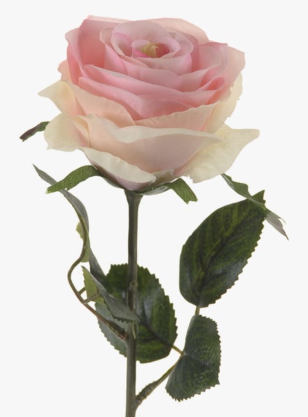 Künstliche Rose in Zartrosa mit grünem Stiel und Blättern aus Kunststoff und Textil.