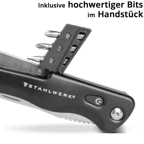 Stahlwerk Multifunktionswerkzeug mit integriertem Bithalter im Griff inklusive drei Schrauberbits und Stahlwerk Logo.