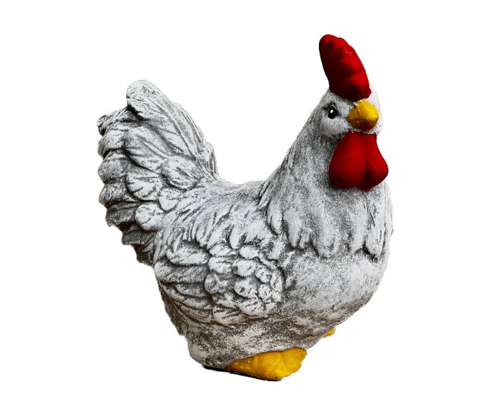 Gartenfigur Huhn in Steinoptik mit rotem Kamm und gelbem Schnabel.