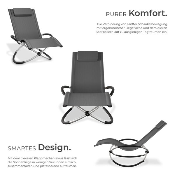 Klappbare graue Gartenliege mit Schaukelfunktion, ergonomischer Liegefläche, Kopfkissen und silbernem Metallrahmen.