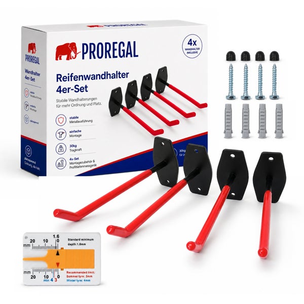 Proregal Reifenwandhalter 4er Set mit Wandmontagezubehör und Profiltiefenmesser zur platzsparenden Reifenlagerung.
