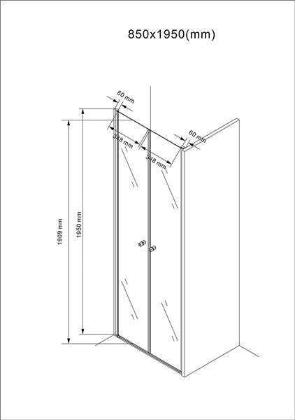 Technische Zeichnung einer Duschkabine mit Abmessungen 850 x 1950 Millimeter.