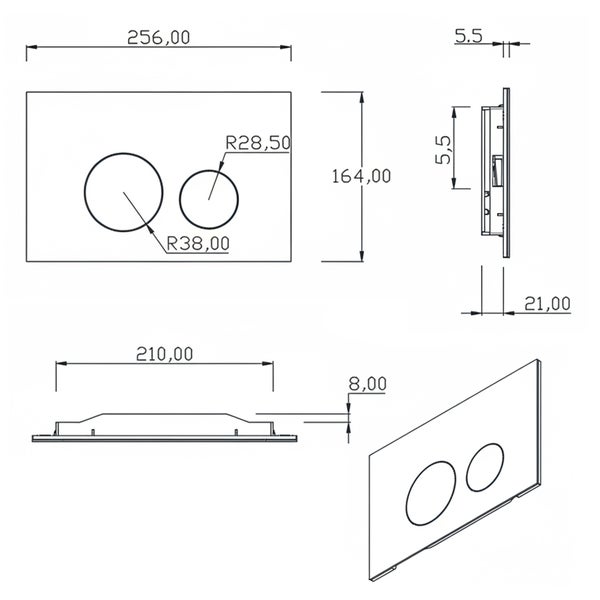 Technische Zeichnung einer Betätigungsplatte mit Maßangaben