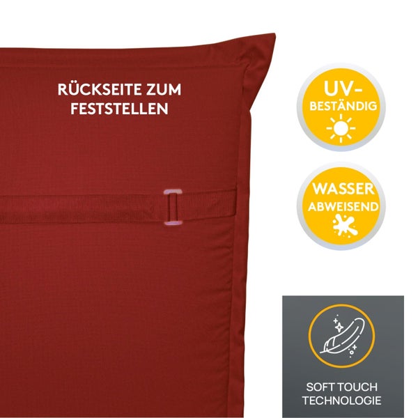 Detailansicht der Kissen-Rückseite mit Halteband zur Befestigung sowie Symbole für UV-Beständigkeit, Wasserabweisung und Soft-Touch-Technologie.