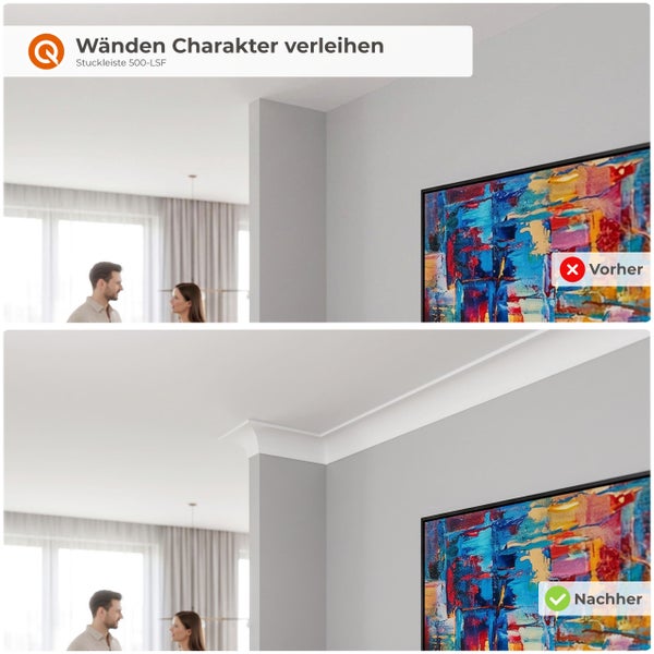 Vorher und Nachher Vergleich einer Wand mit und ohne montierte Stuckleiste zur Dekoration im Innenbereich.