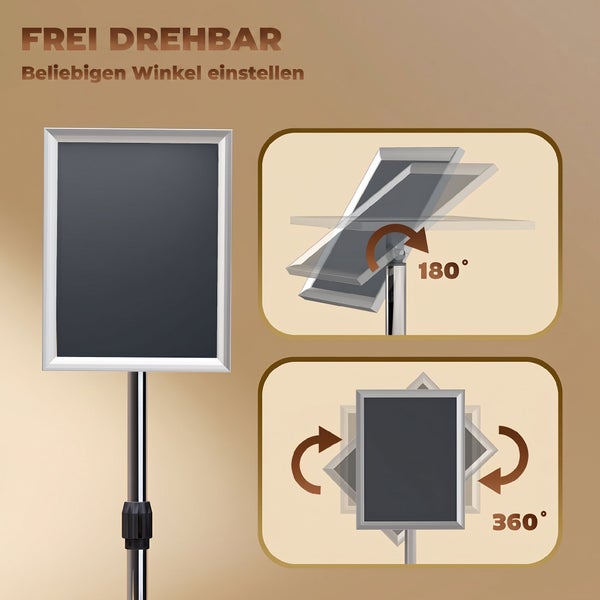 Infoständer mit frei drehbarem Plakatrahmen für die Einstellung beliebiger Winkel bis 180 Grad Neigung und 360 Grad Drehung.