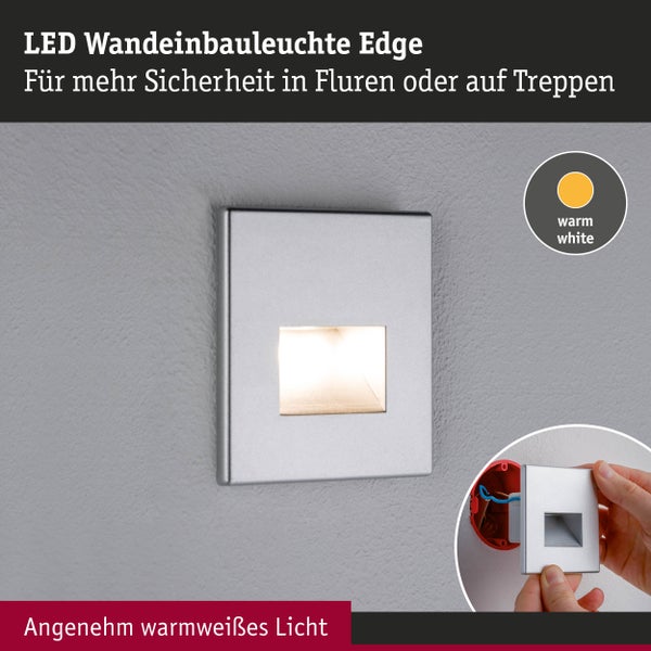 Quadratische LED Wandeinbauleuchte Edge in Silber mit warmweißem Licht zur Treppenbeleuchtung und Flurbeleuchtung.