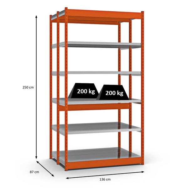 PROREGAL Fachbodenregal Stecksystem Vierkant-Profil Grundregal HxBxT 250 x 132,5 x 40 cm 2x6 Ebenen Doppelseitige Bauart Fachlast 200 kg Orange