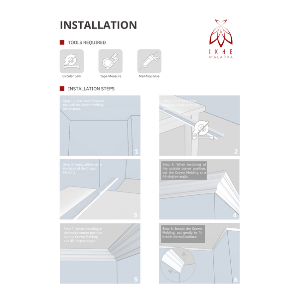 Anleitung zur Montage von Zierleisten mit Werkzeugen wie Kreissäge, Maßband und Montagekleber.