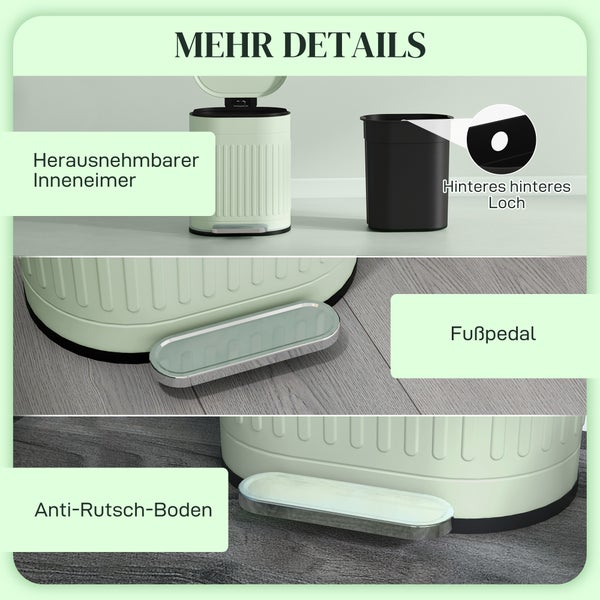 Produktdetails eines Treteimers mit herausnehmbarem Inneneimer, hinterem Loch, Metallpedal und Anti-Rutsch-Boden.