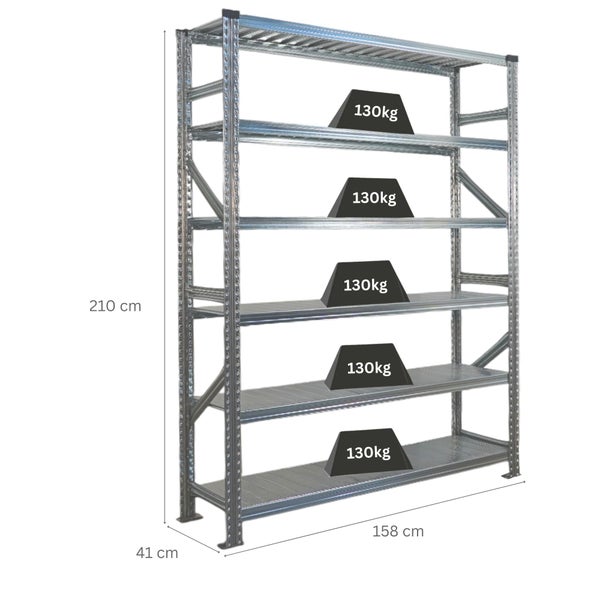 Metallregal mit fünf Regalböden und einer Tragfähigkeit von 130 Kilogramm pro Regalboden, Abmessungen 210 x 158 x 41 Zentimeter