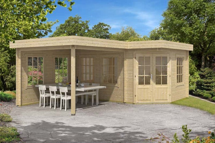 Alpholz 5-Eck Gartenhaus Pepe mit 28 mm Wandstärke 442 x 302 cm + 300 cm, Pinie (Imprägniert)