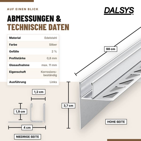 Technische Zeichnung mit Maßangaben für Dalsys Edelstahl Balkonprofil für die linke Seite mit zwei Prozent Gefälle.