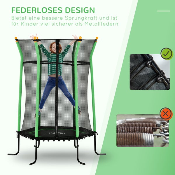 Federloses Gartentrampolin mit Sicherheitsnetz und Kind