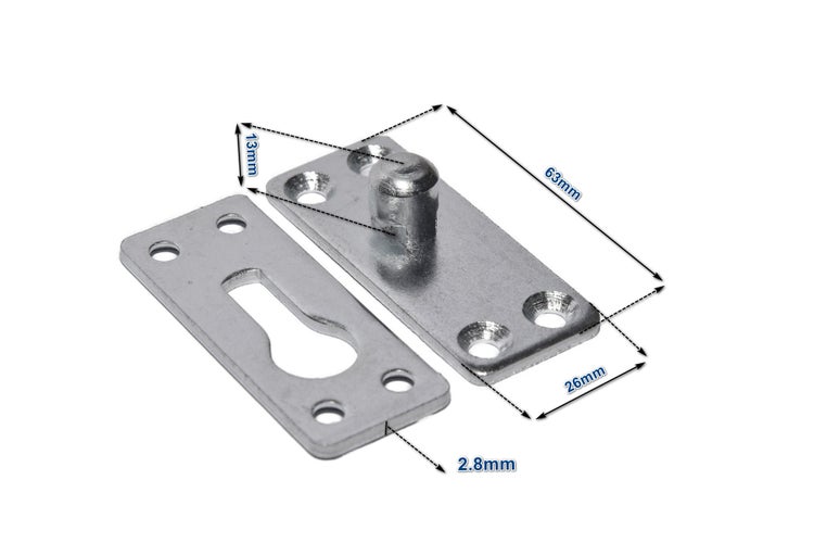 Bild zeigt ein 63 mm langes, metallenes Einhängebeschlag-Set mit einer Breite von 26 mm und einer Materialstärke von 2,8 mm.
