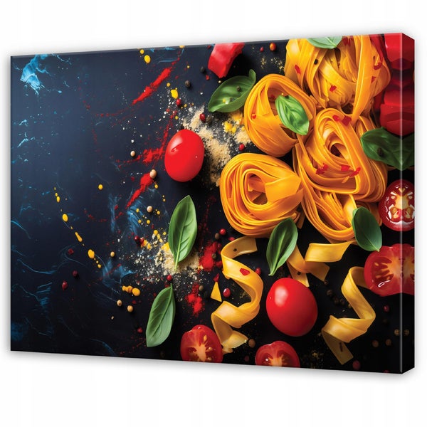 Wandbild mit Nudeln, Tomaten und Basilikum auf schwarzem Untergrund als hochwertiger Kunstdruck auf Leinwand für die Küche.