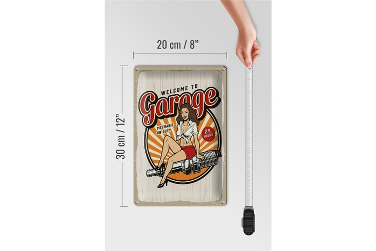 Blechschild Spruch Pinup Welcome to Garage Mechanic on 20x30cm