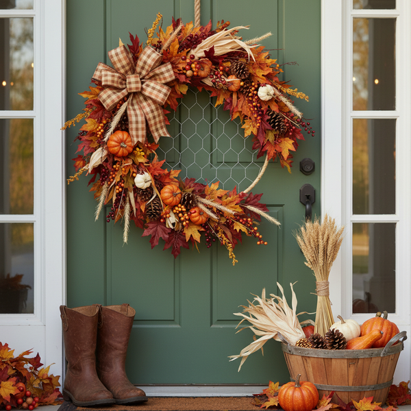 Herbstlich dekorierter Eingangsbereich mit einem Kranz aus Blättern und Kürbissen an der grünen Tür, Stiefeln und einem Korb voller Herbstfrüchte.