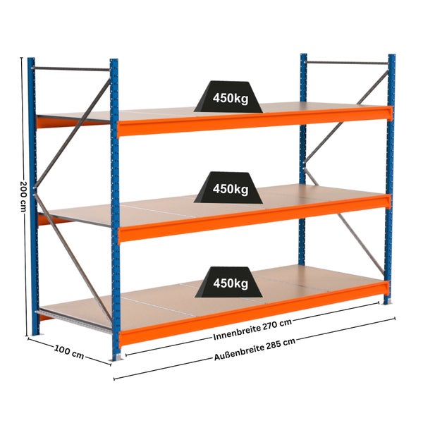 Regal mit drei Ebenen, Traglast 450 Kilogramm pro Ebene, Abmessungen 200 x 285 x 100 Zentimeter