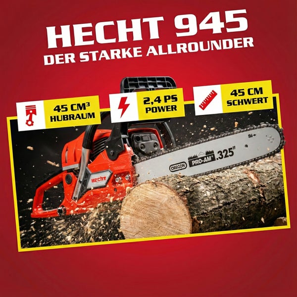 Hecht 945 Kettensäge mit 45 cm Schwertlänge beim Sägen eines Baumstamms