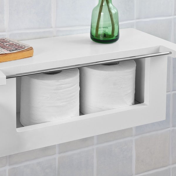 Weißer Toilettenpapierspender mit zwei Papierrollen und Ablagefläche