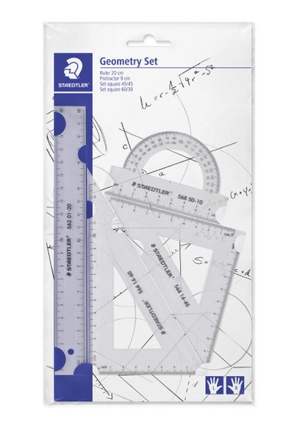 Staedtler Geometrie-Set mit 20 Zentimeter Lineal, Winkelmesser, 45 und 60 Grad Zeichendreieck. Für Links- und Rechtshänder. Staedtler Logo.