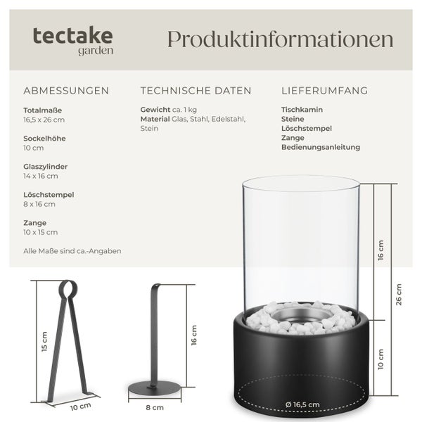 Produktinformationen zu Tischkamin mit Glaszylinder, Steinen, Löschstempel und Zange