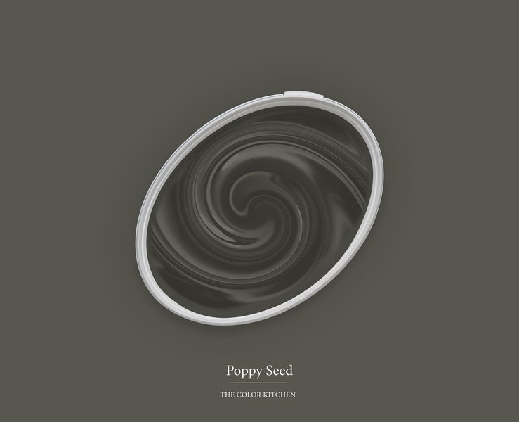 Wandfarbe The Color Kitchen Poppy Seed in einem Farbeimer mit wirbelnder Struktur.