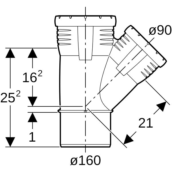 Technische Zeichnung eines Rohr-Abzweigs mit einem Hauptdurchmesser von 160 Millimetern und einem Abzweigdurchmesser von 90 Millimetern.