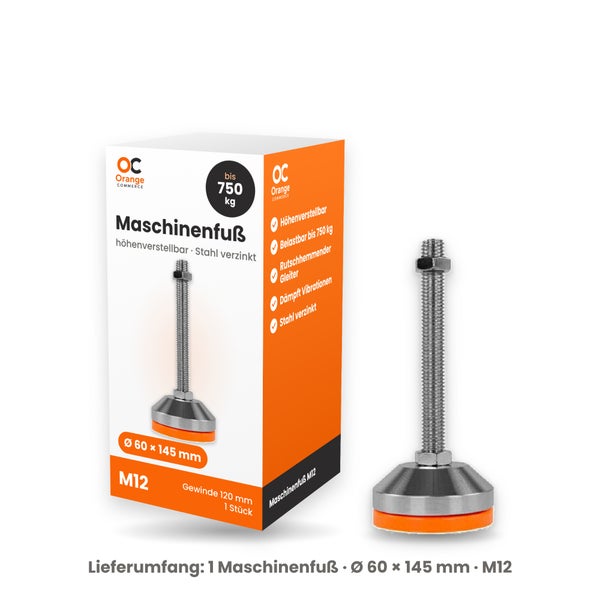 Maschinenfuß höhenverstellbar aus verzinktem Stahl mit M12 Gewinde und 60 mal 145 Millimeter Durchmesser in Verpackung