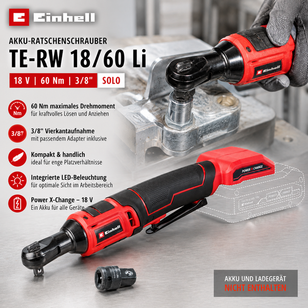 Einhell Akku-Ratschenschrauber TE-RW 18/60 Li, 18 Volt, 60 Newtonmeter Drehmoment, 3/8 Zoll Aufnahme. Einhell Logo. Ohne Akku und Ladegerät.