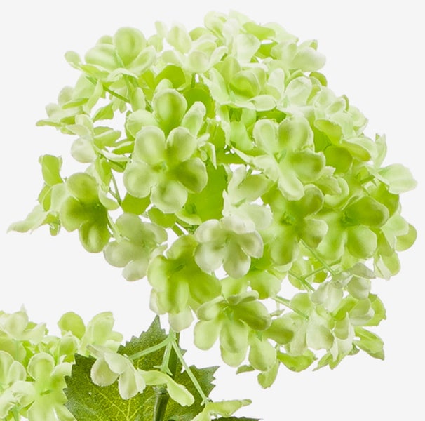 Künstlicher Schneeball-Zweig mit hellgrünen Blüten und grünen Blättern zur Dekoration.