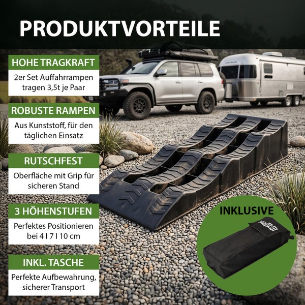 Auffahrrampen Set aus Kunststoff für Wohnwagen mit 3,5 Tonnen Tragkraft pro Paar, 3 Höhenstufen und Transporttasche.