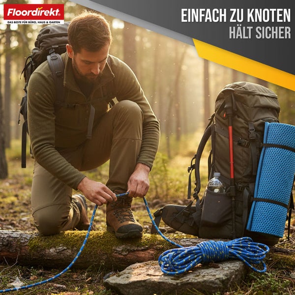Ein Mann kniet im Wald und knotet ein Seil, neben ihm ein Wanderrucksack. FloorDirekt Logo.
