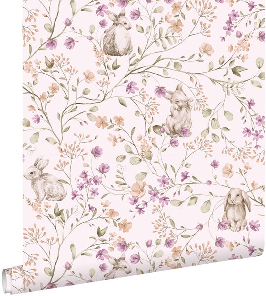 Tapetenrolle mit Kaninchen- und Blumenmuster