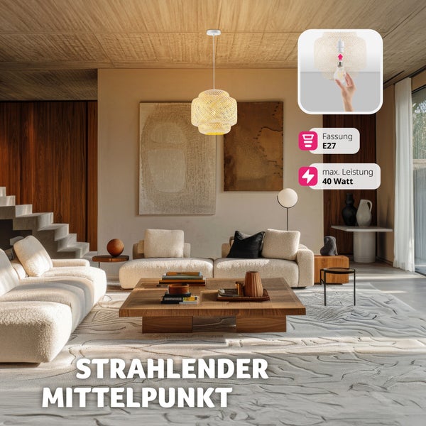 Wohnzimmer mit Rattanhängeleuchte, Fassung E27, maximal 40 Watt Leistung