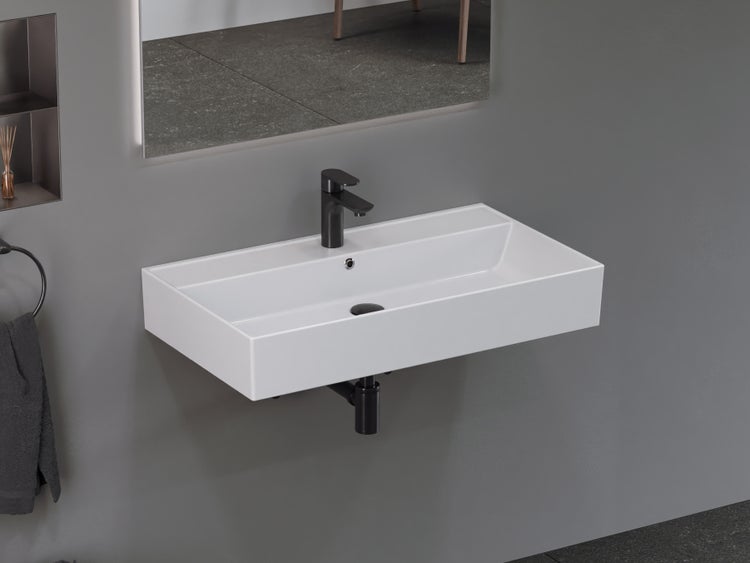 Aqua Bagno Basic Plan Waschbecken 10.16.30.06.02 – 80 x 45 cm – Weiß Hochglanz – Keramikbecken mit Hahnloch & Überlauf