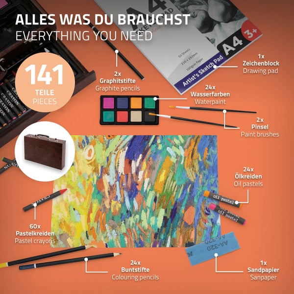 ECD Germany Malset 141 Teiliges, Holz Malkoffer für Kinder & Erwachsene, XXL Malkasten, Kunst Set Zeichenset mit Buntstiften, Ölpastellkreiden, Buntstiften, Skizzenstiften, Aquarellkuchen & Zubehör