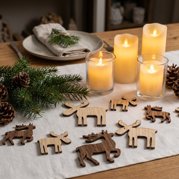 Weihnachtliche Tischdekoration mit Holzfiguren in Rentierform, Tannenzweigen, Tannenzapfen und LED Kerzen auf einem Leinentischläufer.