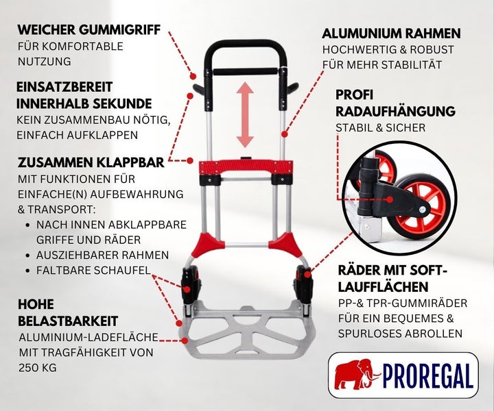 PROREGAL Klappbare Profi-Sackkarre ELEPHANT HxBxT 112 x 60 x 61 cm Traglast 250 kg Ergonomische Griffe TPR-Gummiräder Schwarz-Rot-Silber