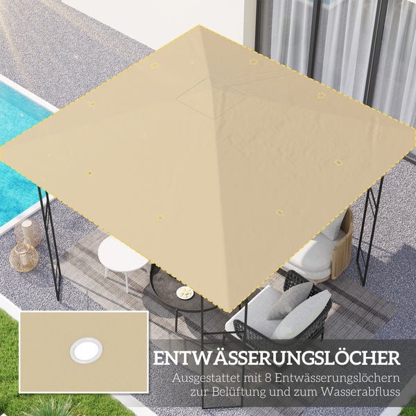 Quadratisches Gartenpavillon-Dach mit acht Entwässerungslöchern für Belüftung und Wasserabfluss auf einer Terrasse mit Loungemöbeln.