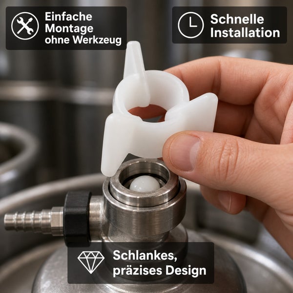 Hand zeigt die Montage eines Kunststoff Verschlussstücks auf einen metallenen Keg Anschluss. Symbole stehen für werkzeuglose Montage und Design.